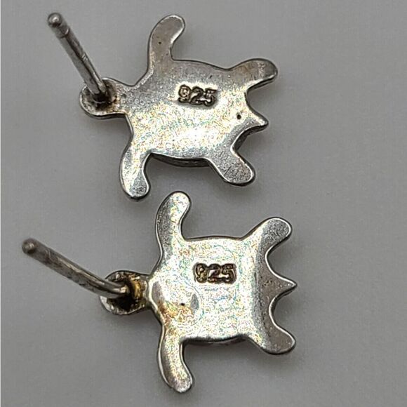 Sterling Silver Sea Turtles, opal inlay earrings, pierced - Picture 4 of 5